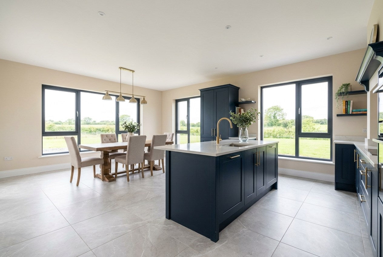 Finished open-plan Irish kitchen and dining room with a large-format pale grey porcelain tiled floor, navy cabinetry and brass tapware