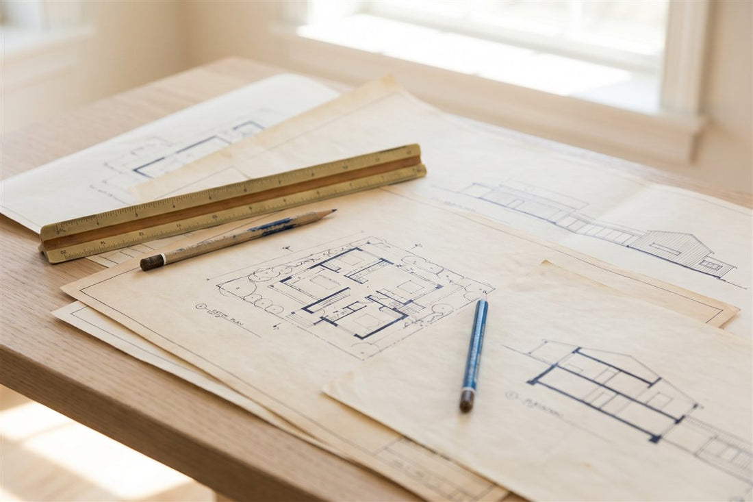 Architectural site plans and elevation drawings with a scale ruler for council approval