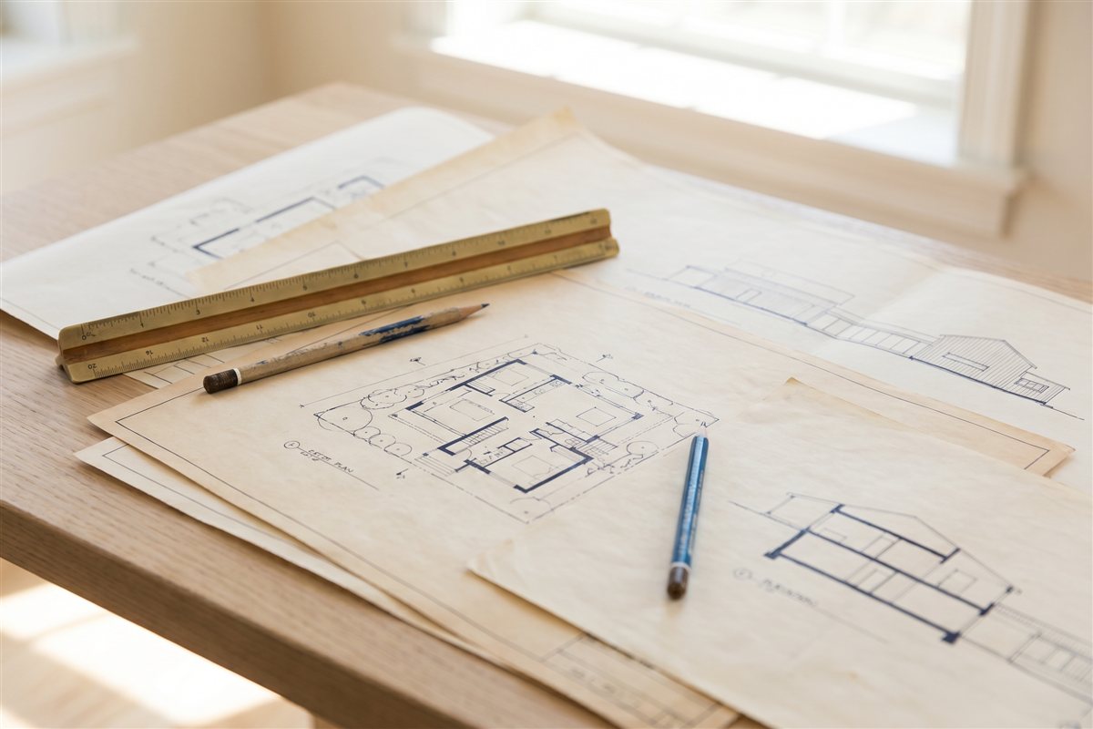 Architectural site plans and elevation drawings with a scale ruler for council approval