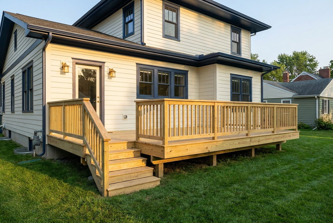 A freshly built timber deck on the back of an American home with guard railing and stairs to the lawn