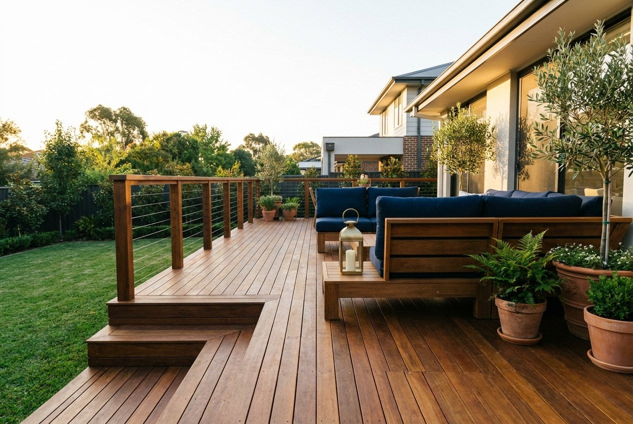 Newly built American timber backyard deck with a railing, navy outdoor cushions and a brass lantern
