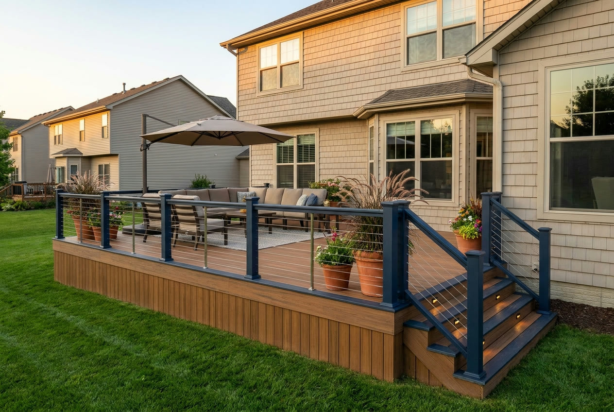Finished backyard deck with navy railing, composite decking, and outdoor furniture