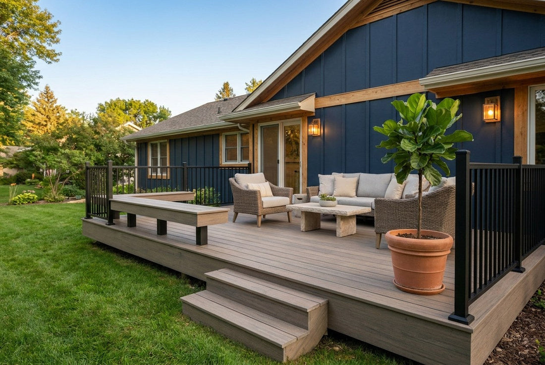 A finished composite deck with a built-in bench, black aluminum railing, and stairs down to the lawn on a navy US suburban home in summer