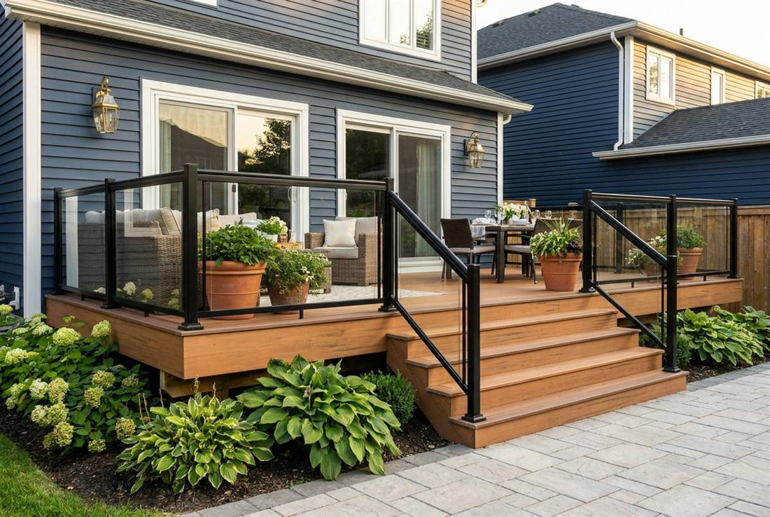 Finished raised backyard deck on a Canadian home with warm composite boards, black aluminum-and-glass railing, wide stairs to a stone patio, and a navy house exterior