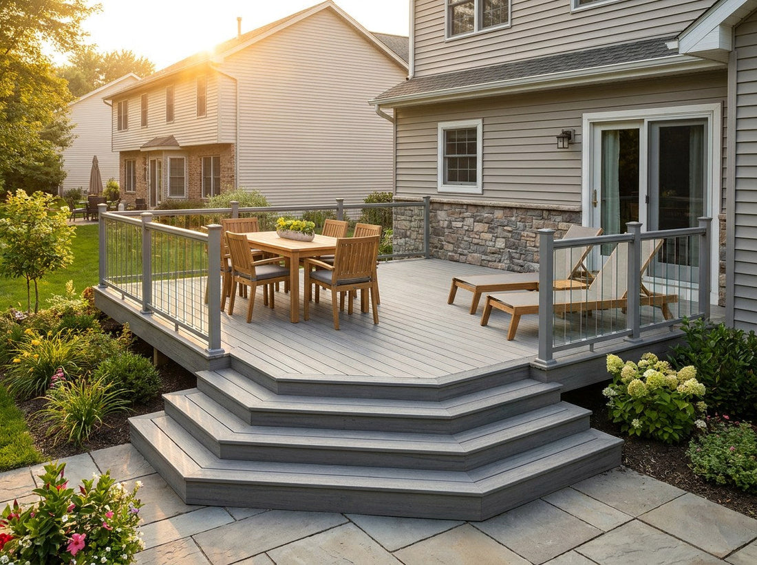 Newly built American backyard composite deck with railings, stairs and outdoor furniture