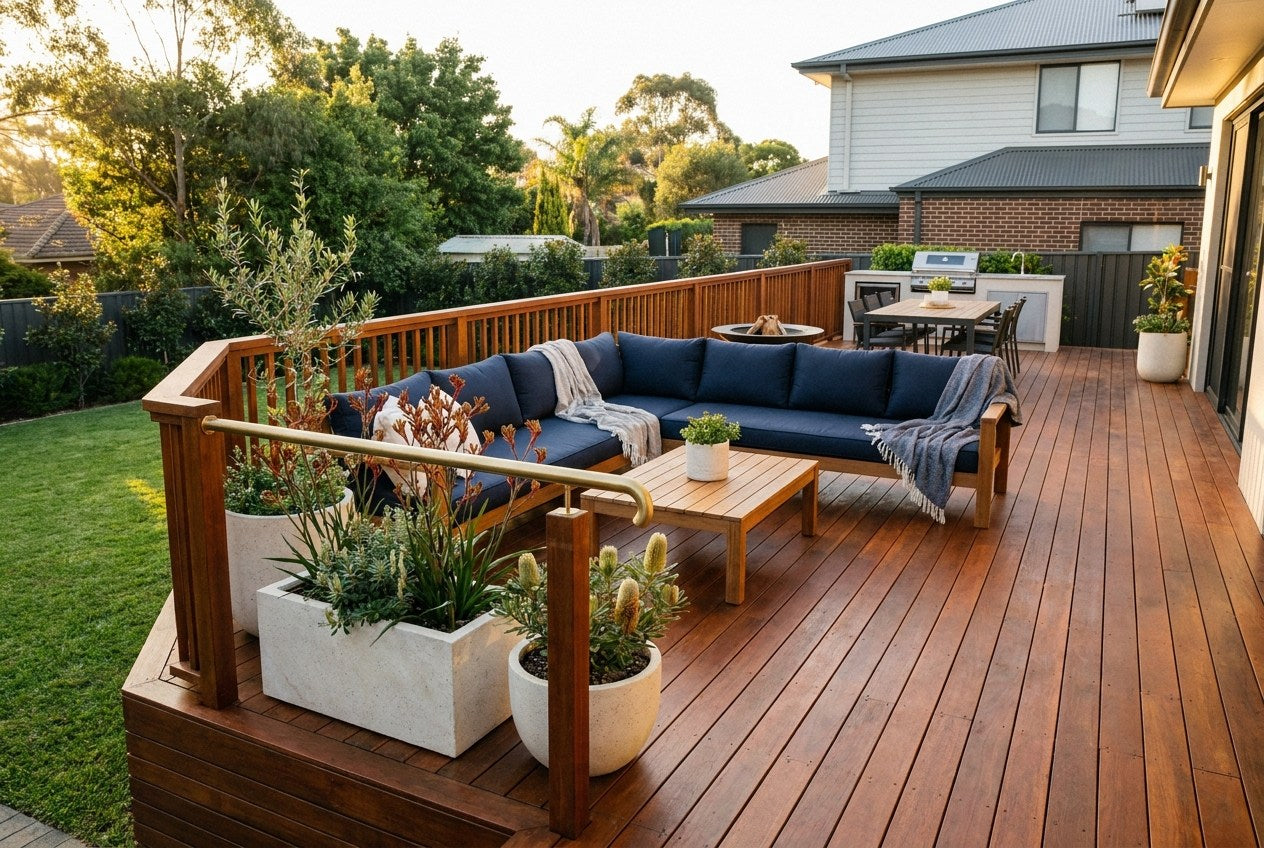 Finished Australian merbau hardwood deck and outdoor entertaining area with timber balustrade, navy lounge cushions, and native planting