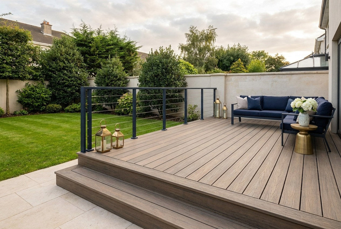 A finished composite deck with a navy balustrade and steps down to a pale limestone patio in an Irish back garden