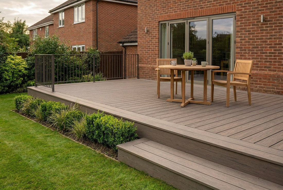 Finished composite deck with balustrade and step down to a lawn behind a UK brick house