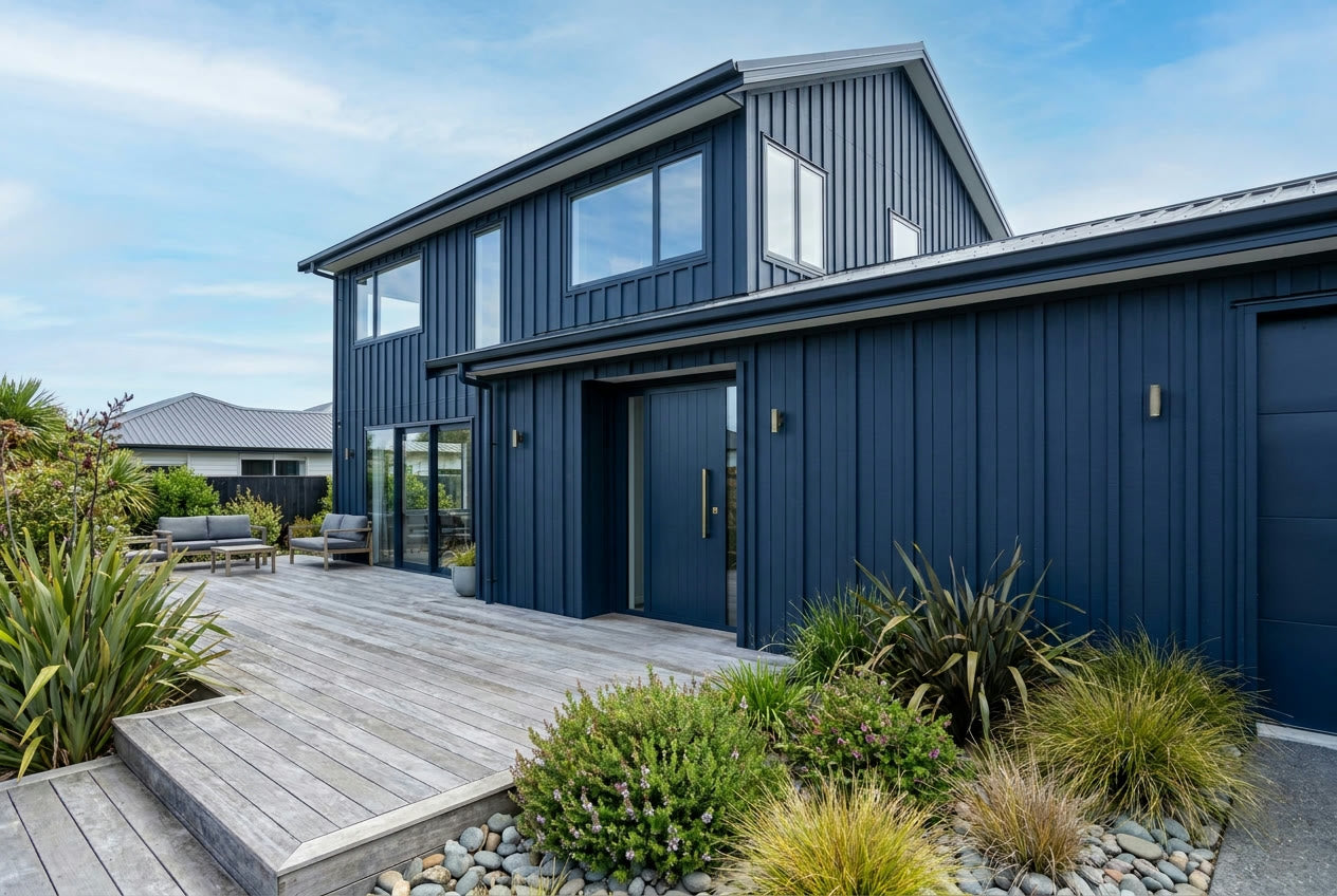Finished modern New Zealand home exterior with navy board-and-batten cladding and timber deck