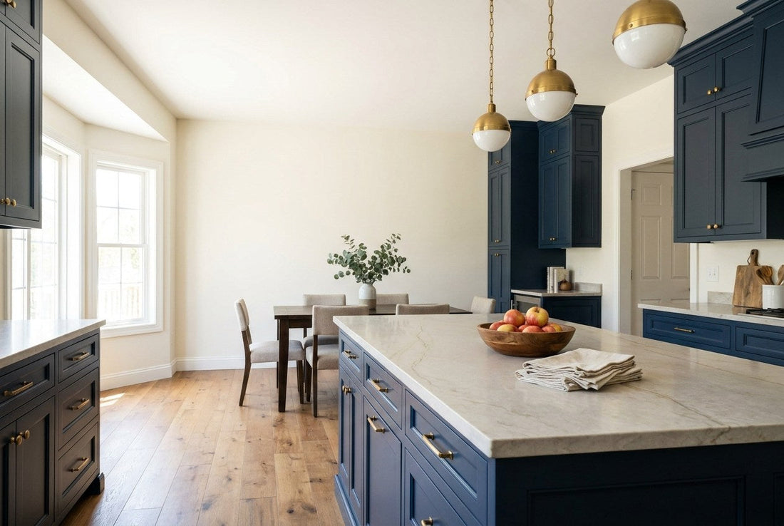 Fully renovated American kitchen with navy shaker cabinetry, brass pendant lights, pale stone countertops and oak flooring