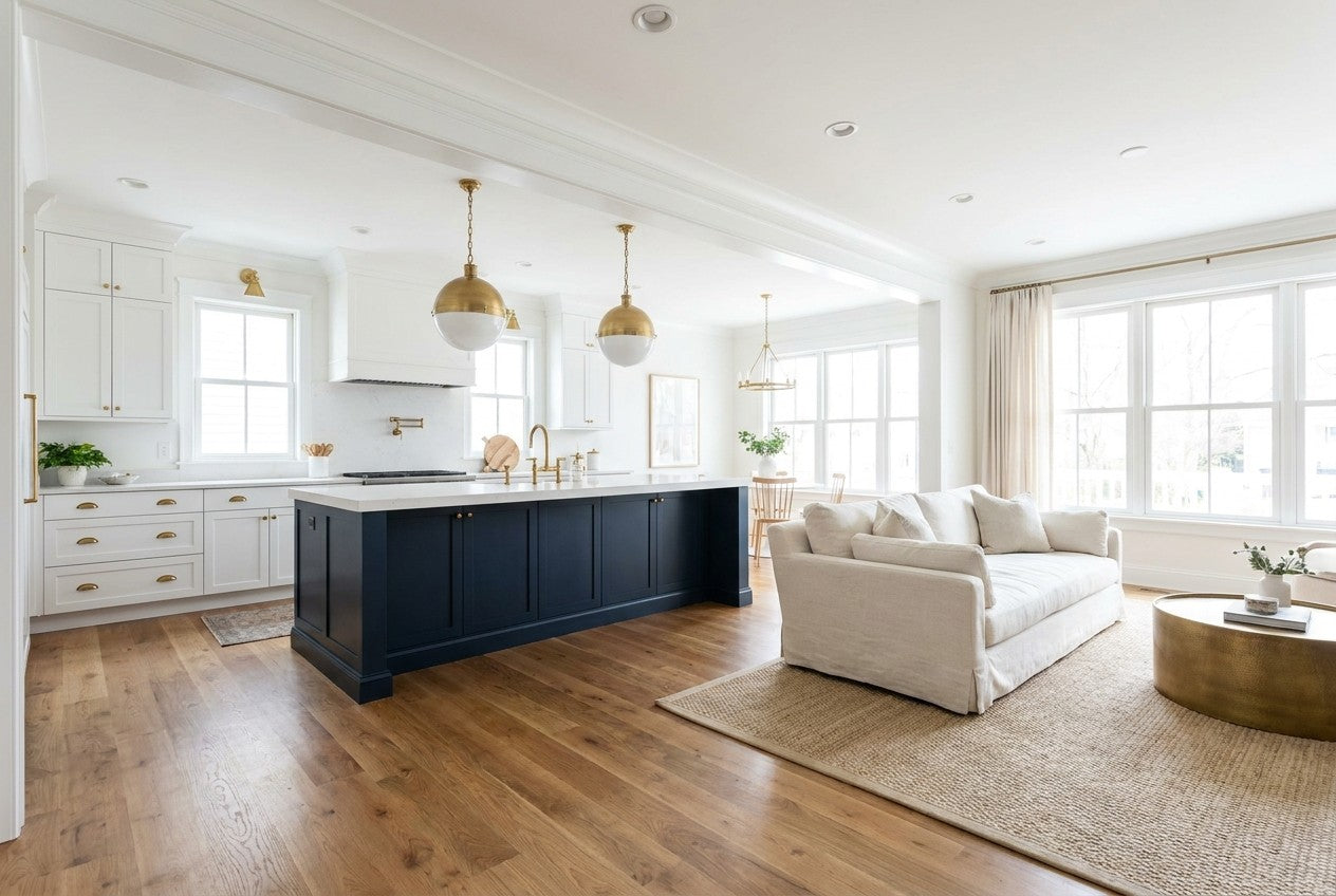 Fully remodeled American open-plan kitchen and living space with a wide framed opening, navy island and brass fixtures
