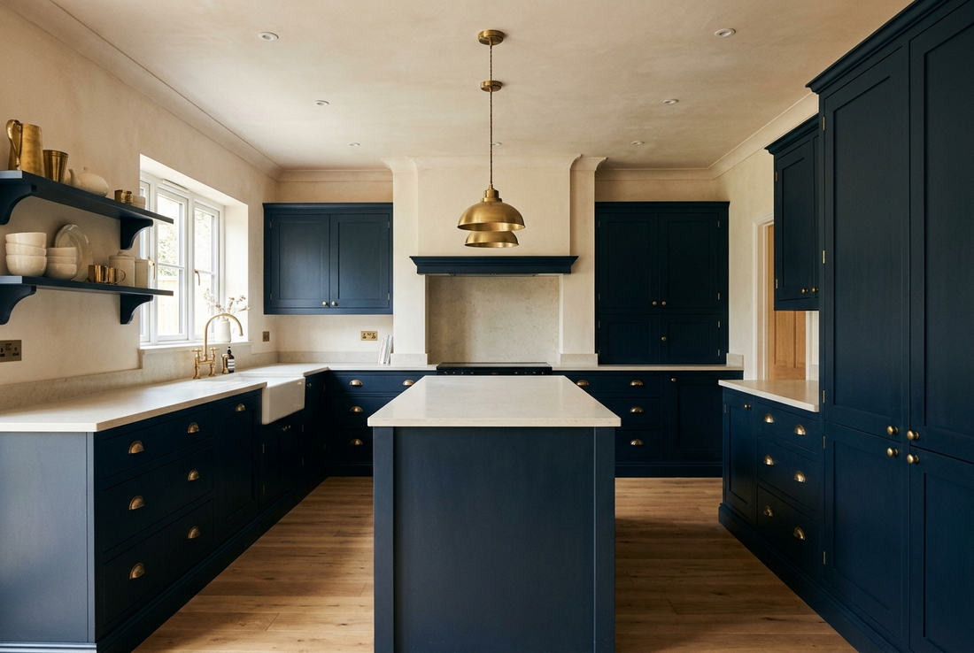 Finished navy Shaker kitchen with pale stone worktops and brushed-brass fittings in a UK home