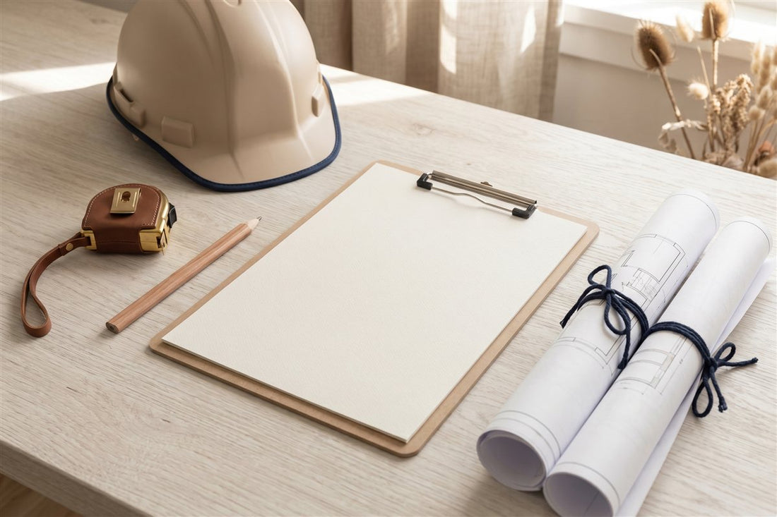 Renovation planning flat-lay with a checklist clipboard, rolled plans, hard hat and tape measure