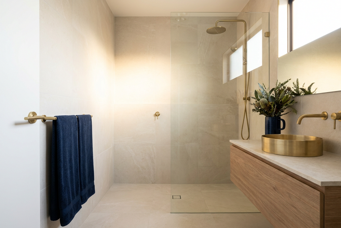 A small renovated Australian ensuite with a frameless walk-in shower, pale stone tiles, a wall-hung timber vanity and brushed brass tapware