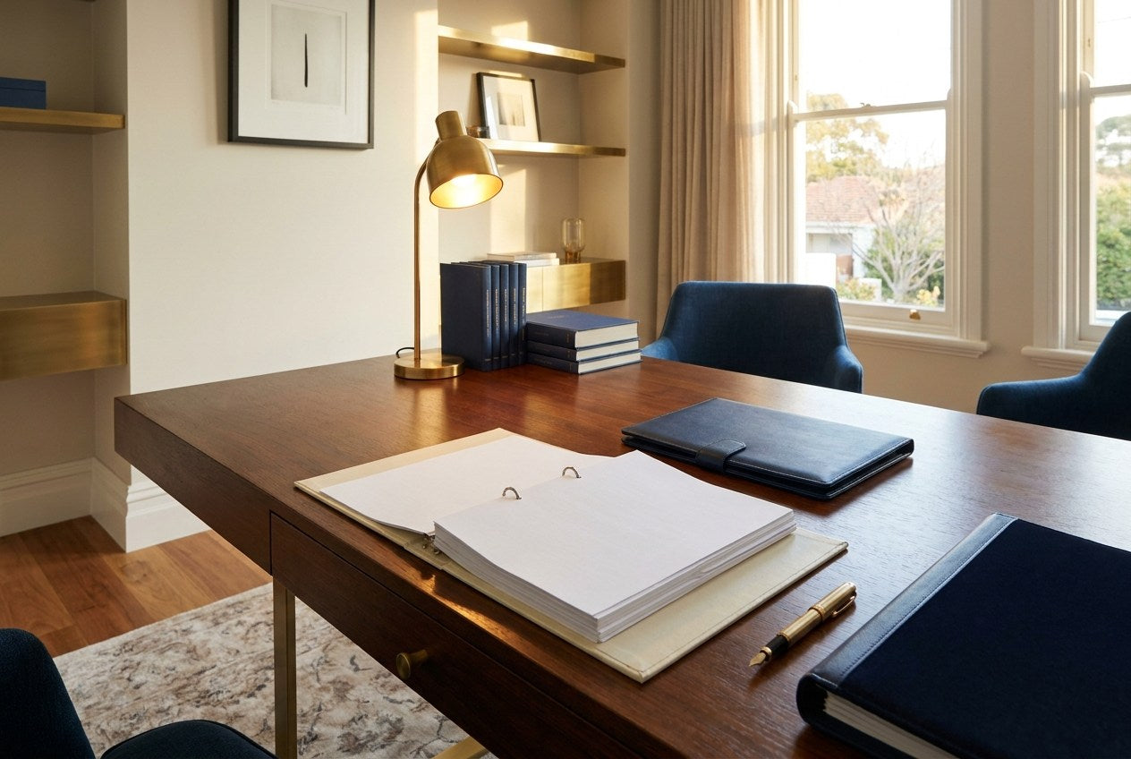 Finished Australian home study with a renovation building contract, brass pen and navy folder on a styled table