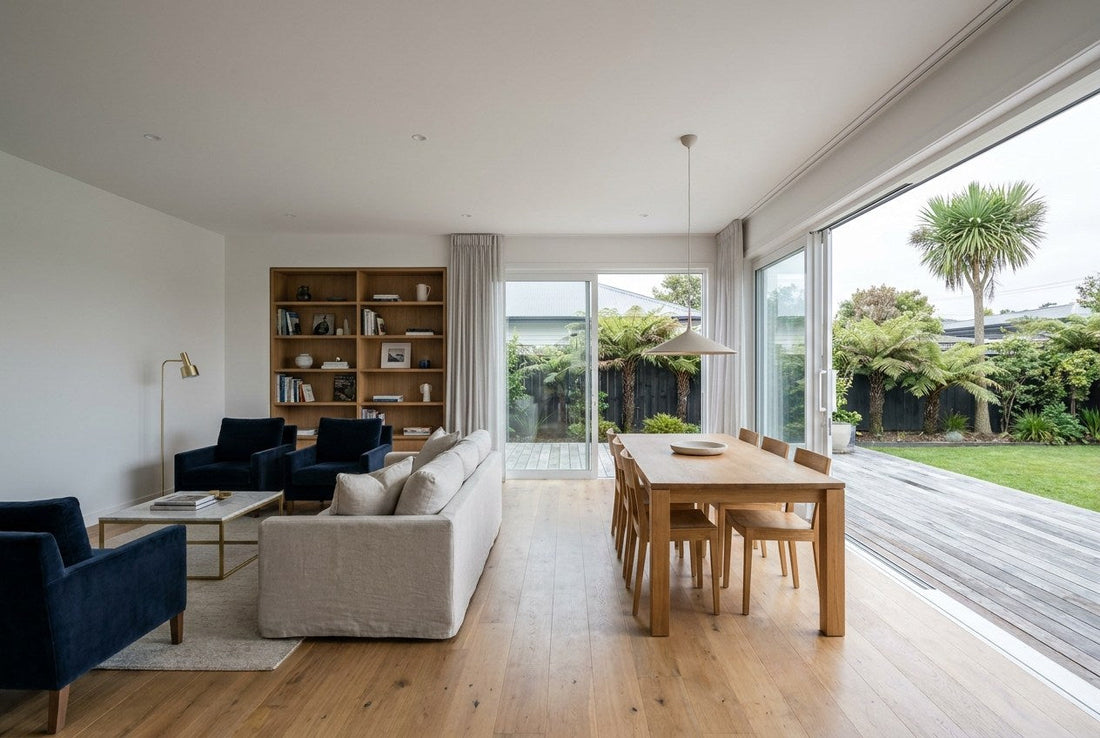 A completed open-plan living and dining space in a renovated New Zealand home, with oak floorboards and sliding doors onto a timber deck and garden