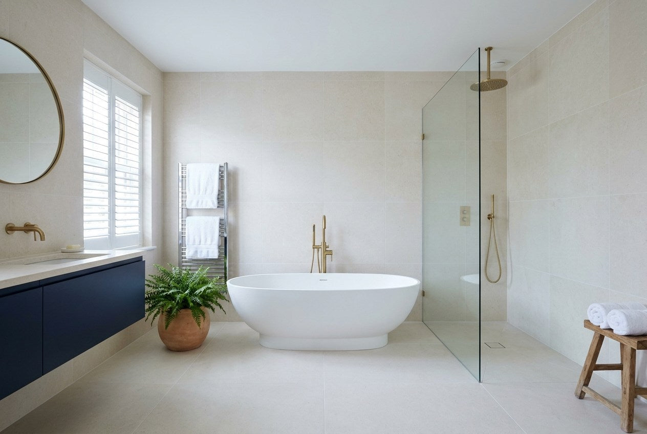 A completed family bathroom in a renovated UK home, with a freestanding bath, a brass floor-standing bath filler, a walk-in shower, a navy wall-hung vanity and plantation shutters