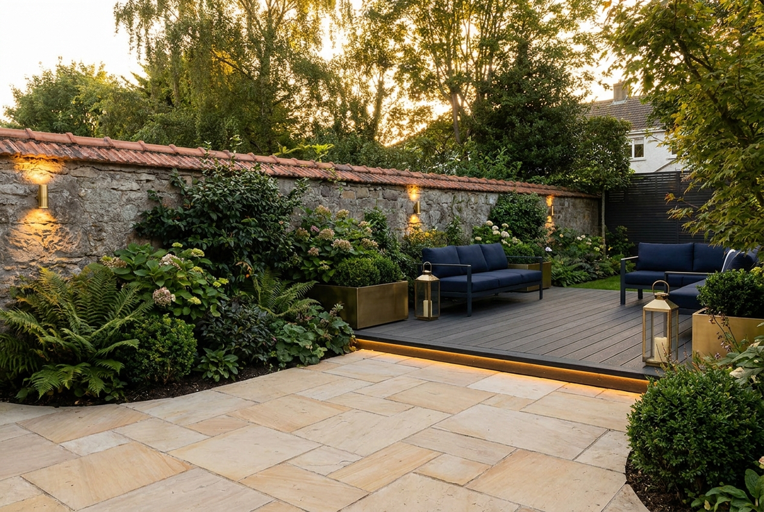 A renovated Irish back garden with a natural stone patio, composite decking, planted borders and a capped boundary wall in warm evening light