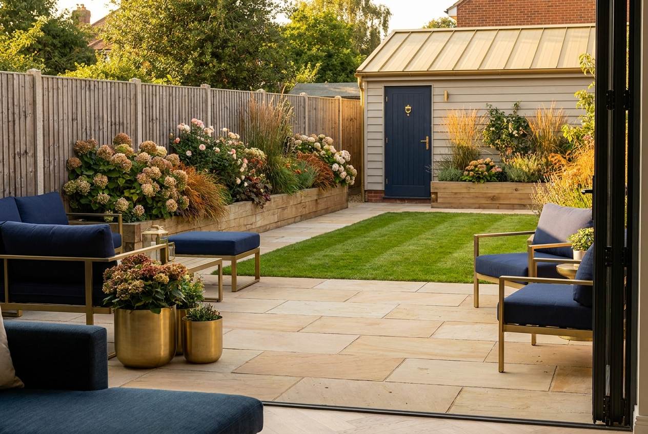 A completed UK garden renovation with a paved patio, lawn, planted beds, fencing and a garden outbuilding
