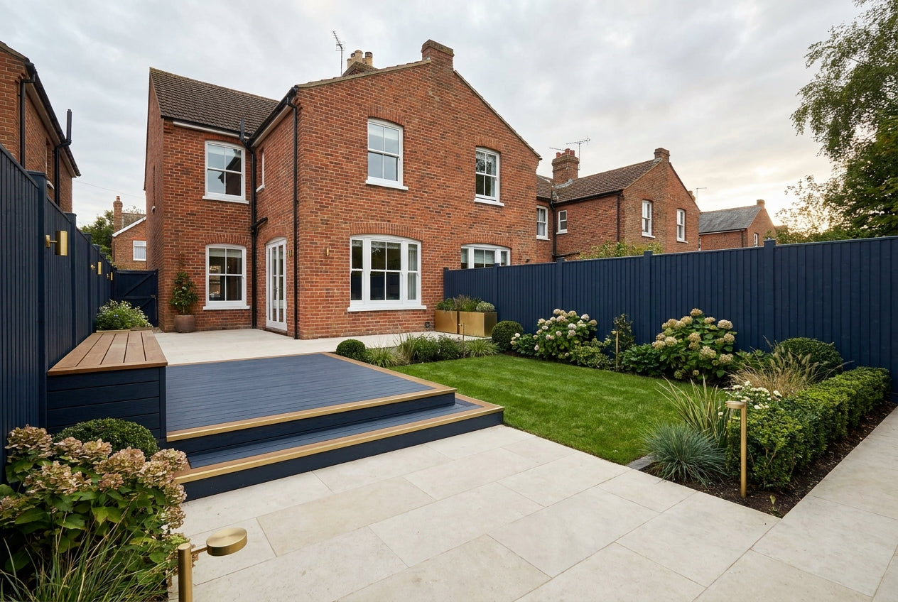Renovated UK back garden with timber deck, stone-paved patio, close-board fencing and planted borders behind a red-brick British house