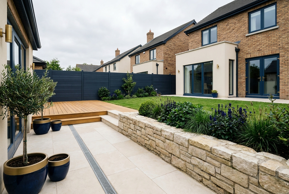 A well-built Irish garden showing paved patio with channel drain, decking, a retaining wall and boundary fencing
