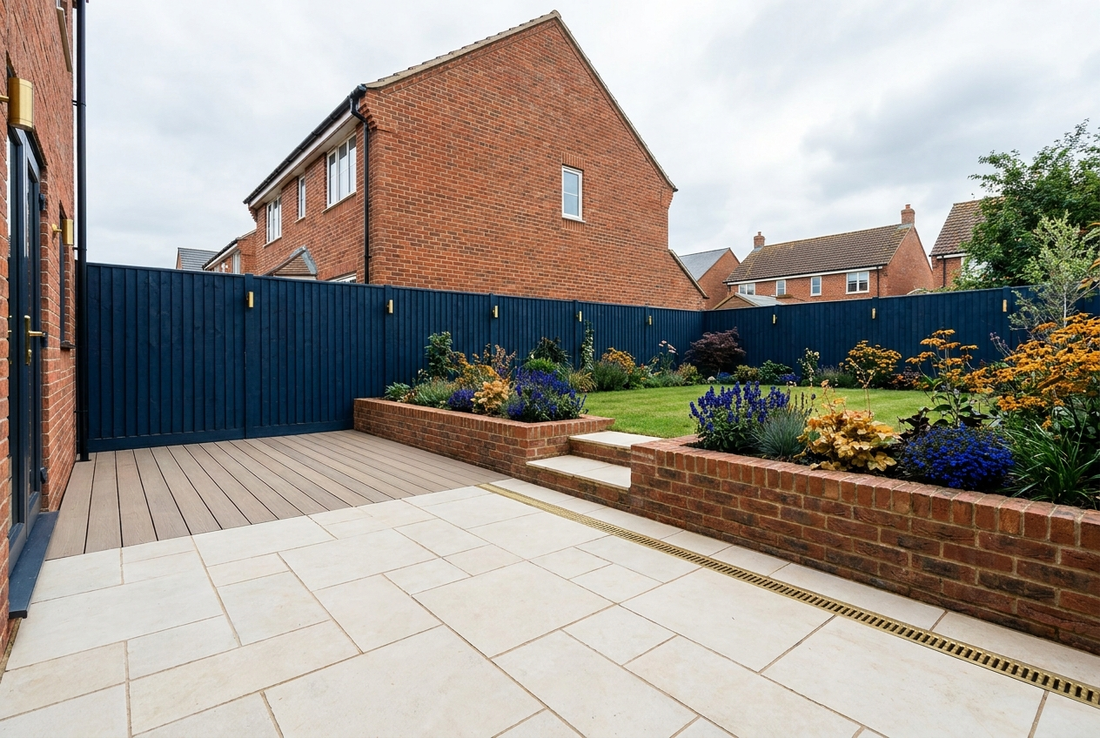 Renovated UK garden showing paved patio, composite deck, timber fence and a low brick retaining wall behind a traditional British brick house