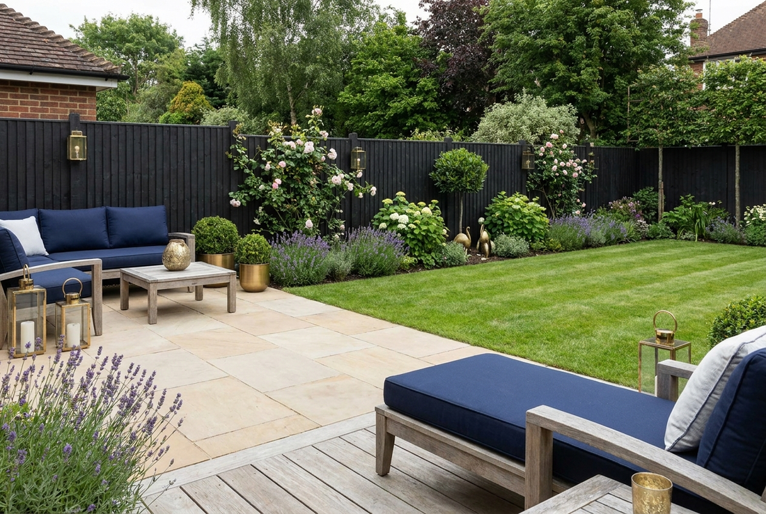 A renovated UK garden with a freshly laid stone patio, timber decking, fencing and planted borders