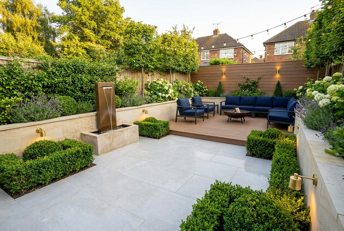 Finished contemporary UK back garden renovation with porcelain patio, composite decking and lush planting
