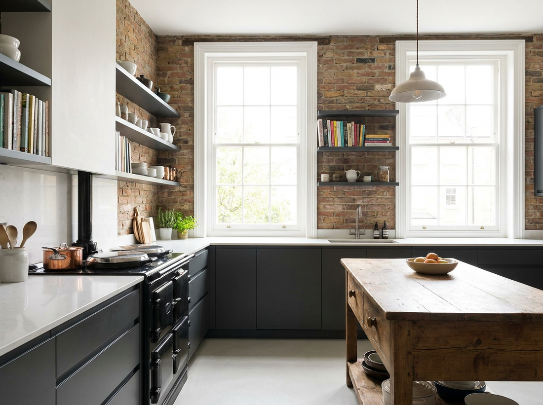 Renovated modern British kitchen with handleless cabinetry, quartz worktop and a range cooker