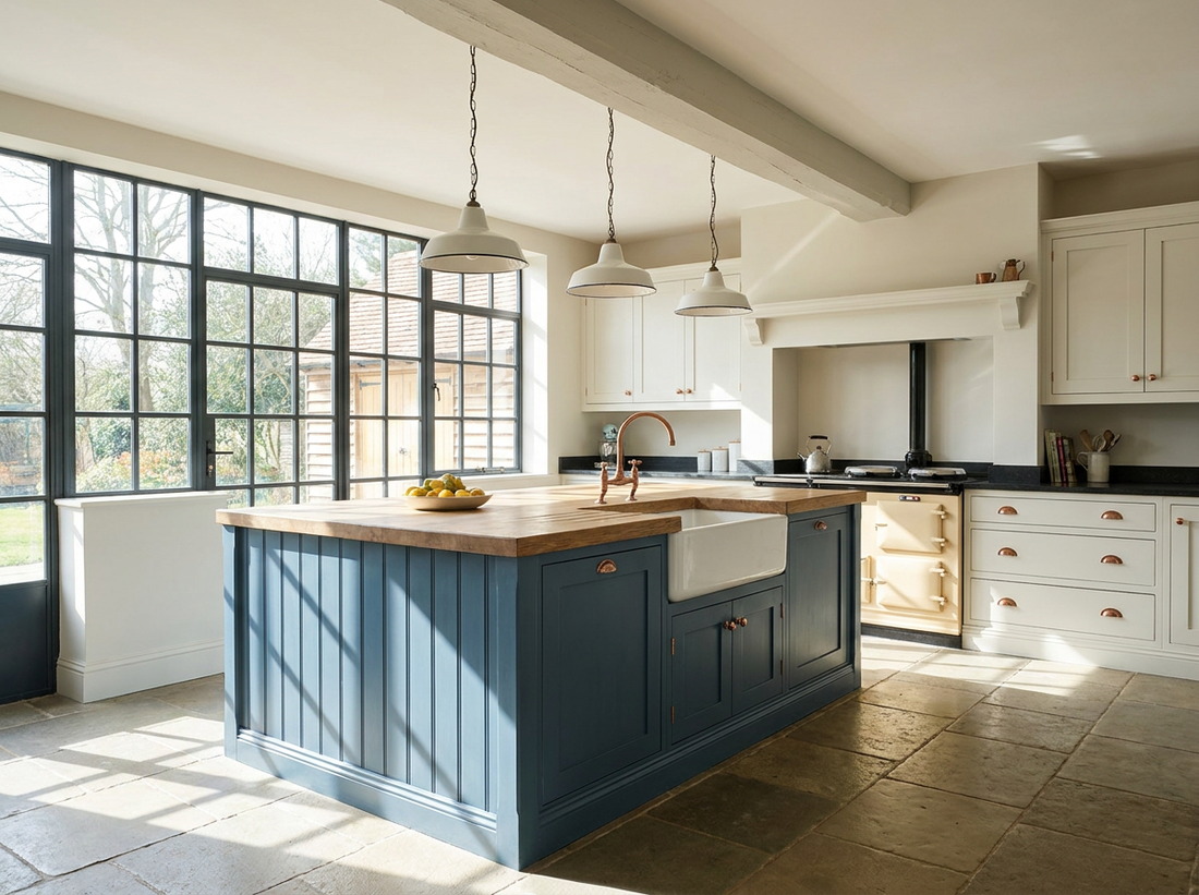 Renovated British shaker kitchen with a painted island, wooden worktop and pendant lighting