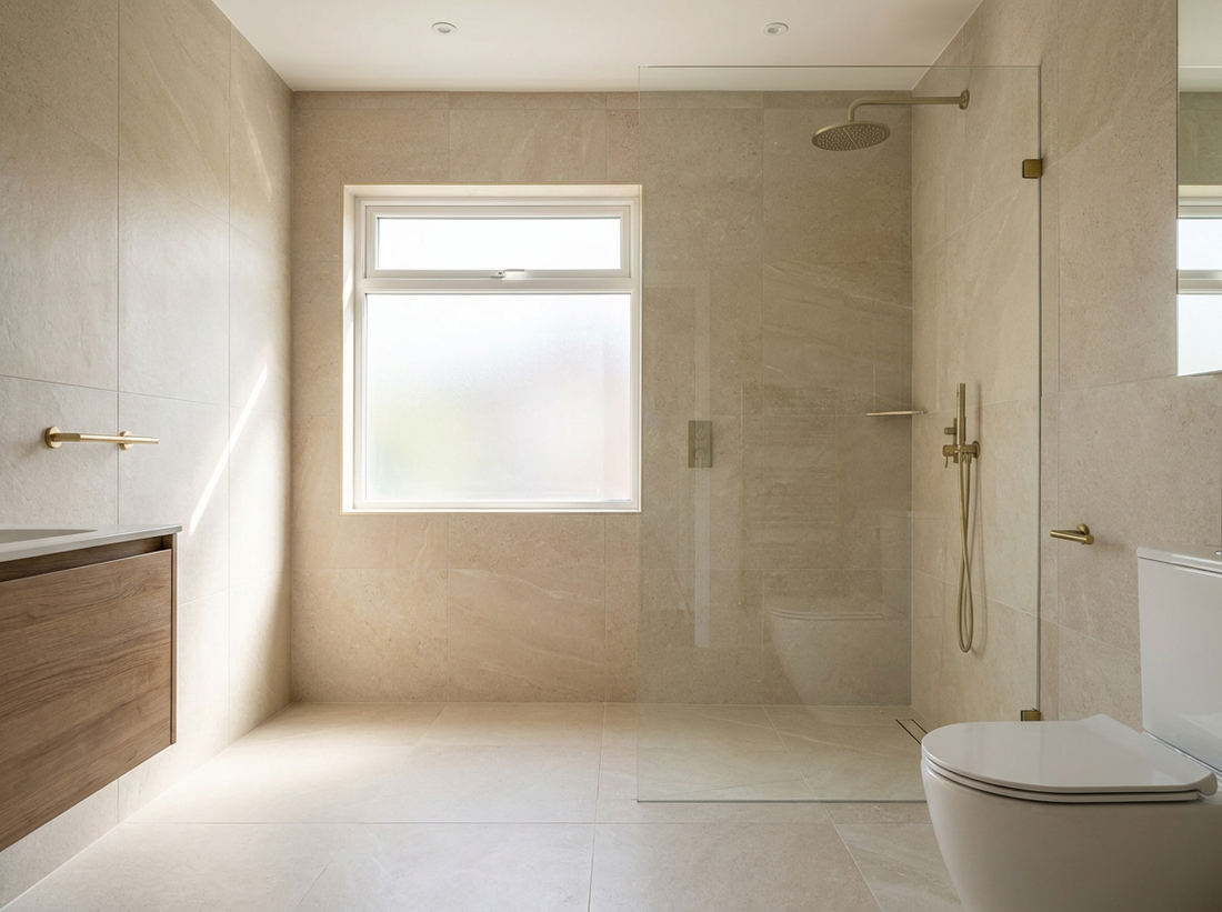 Renovated British wet room with large-format tiles, a level-access walk-in shower and glass screen