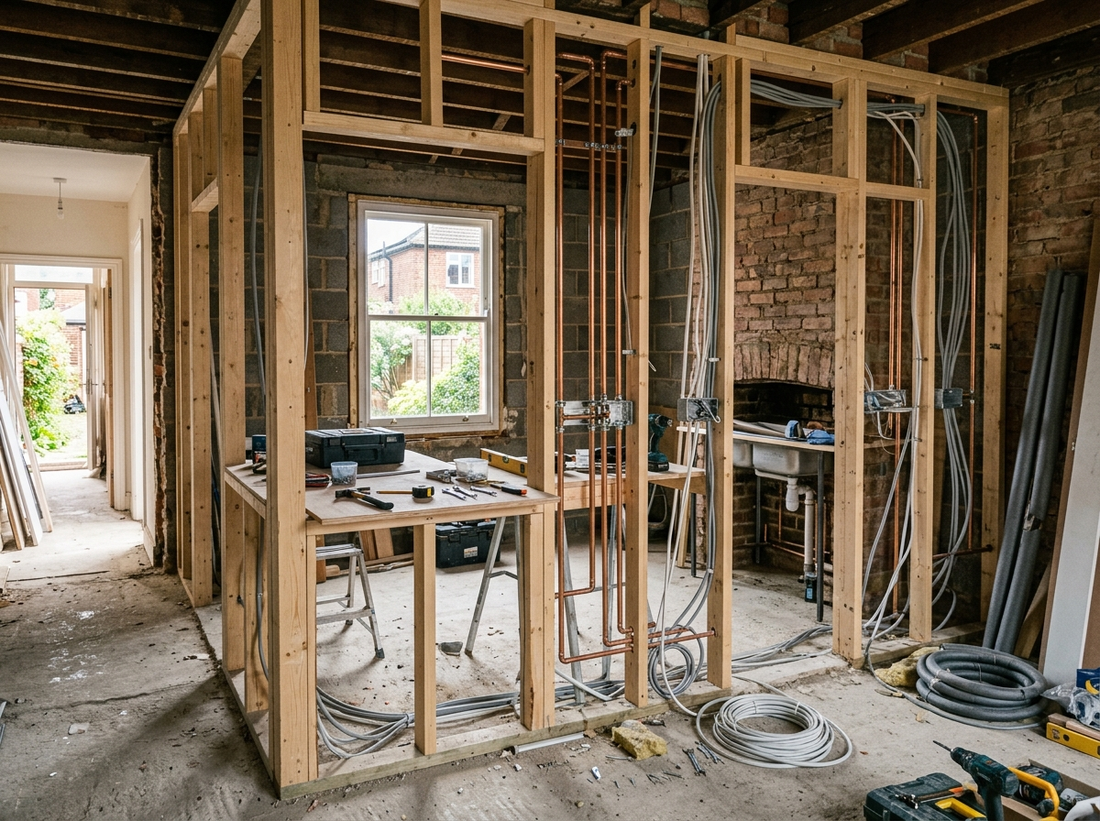 British kitchen renovation in progress at first-fix stage with exposed studs and copper pipework