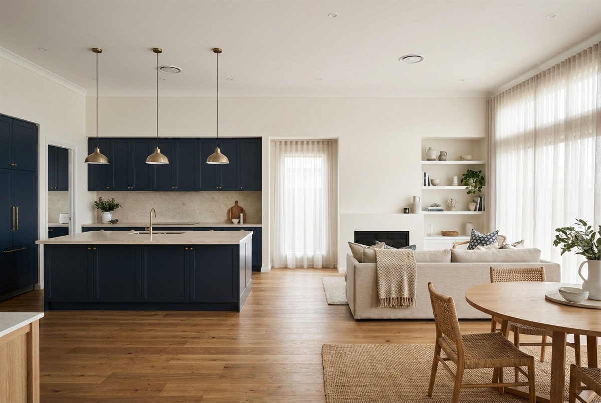 Finished open-plan Australian home with navy cabinetry, brass pendant lights, stone benchtop and oak flooring