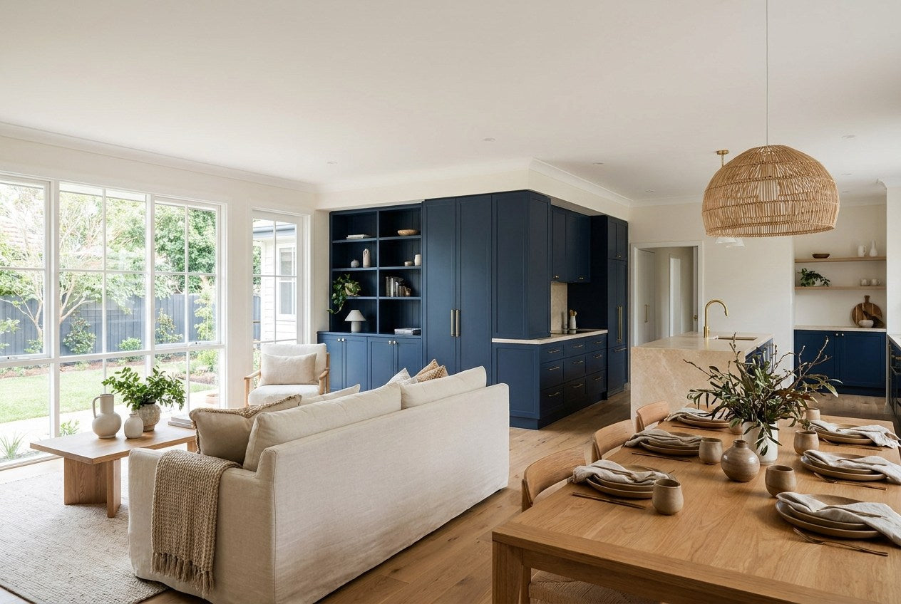 Finished open-plan living, dining and kitchen in a renovated Australian home with navy joinery, brass tapware and a pale stone island benchtop