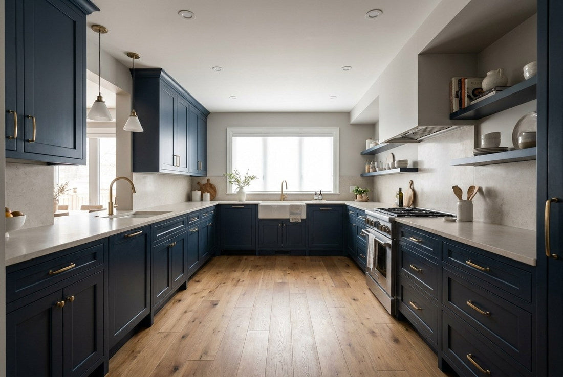 Finished navy shaker kitchen with brass hardware and pale stone counters in a Canadian home