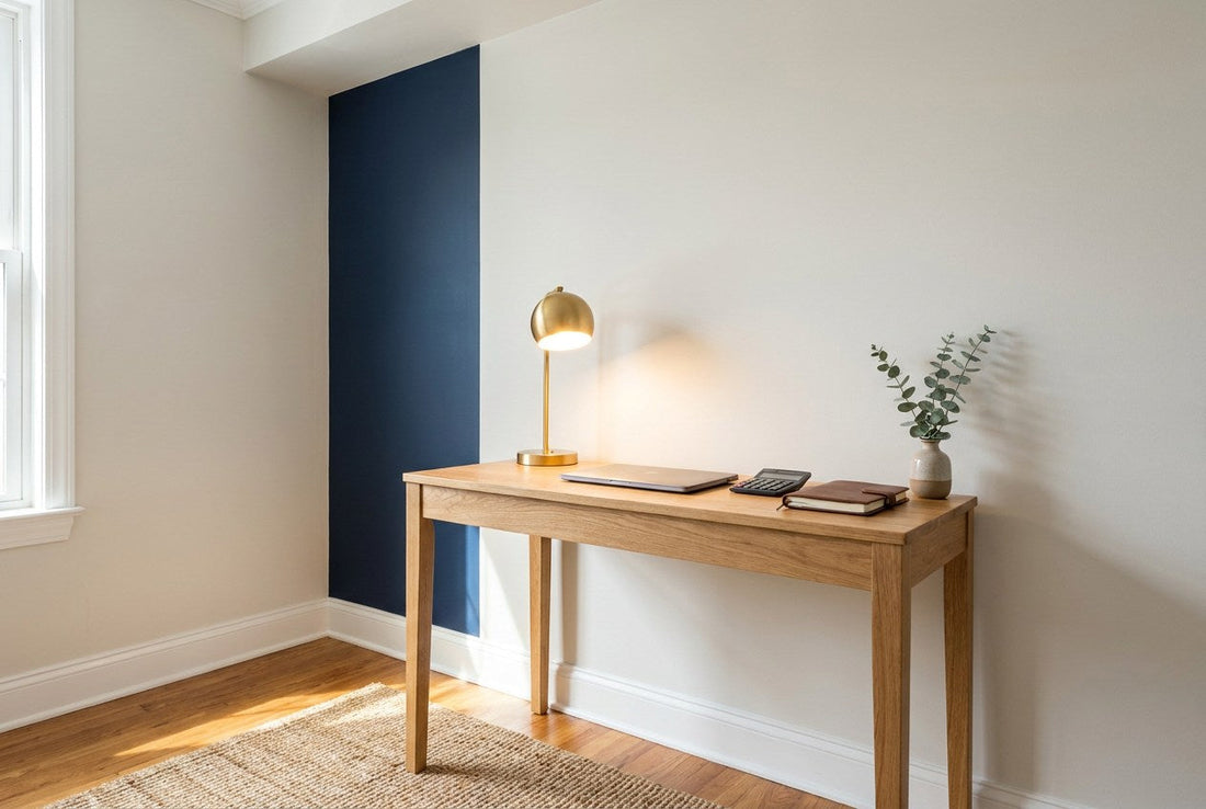 A finished home-office nook with a laptop, calculator and notepad on a styled oak desk, used to plan a US remodel budget before contractor bids