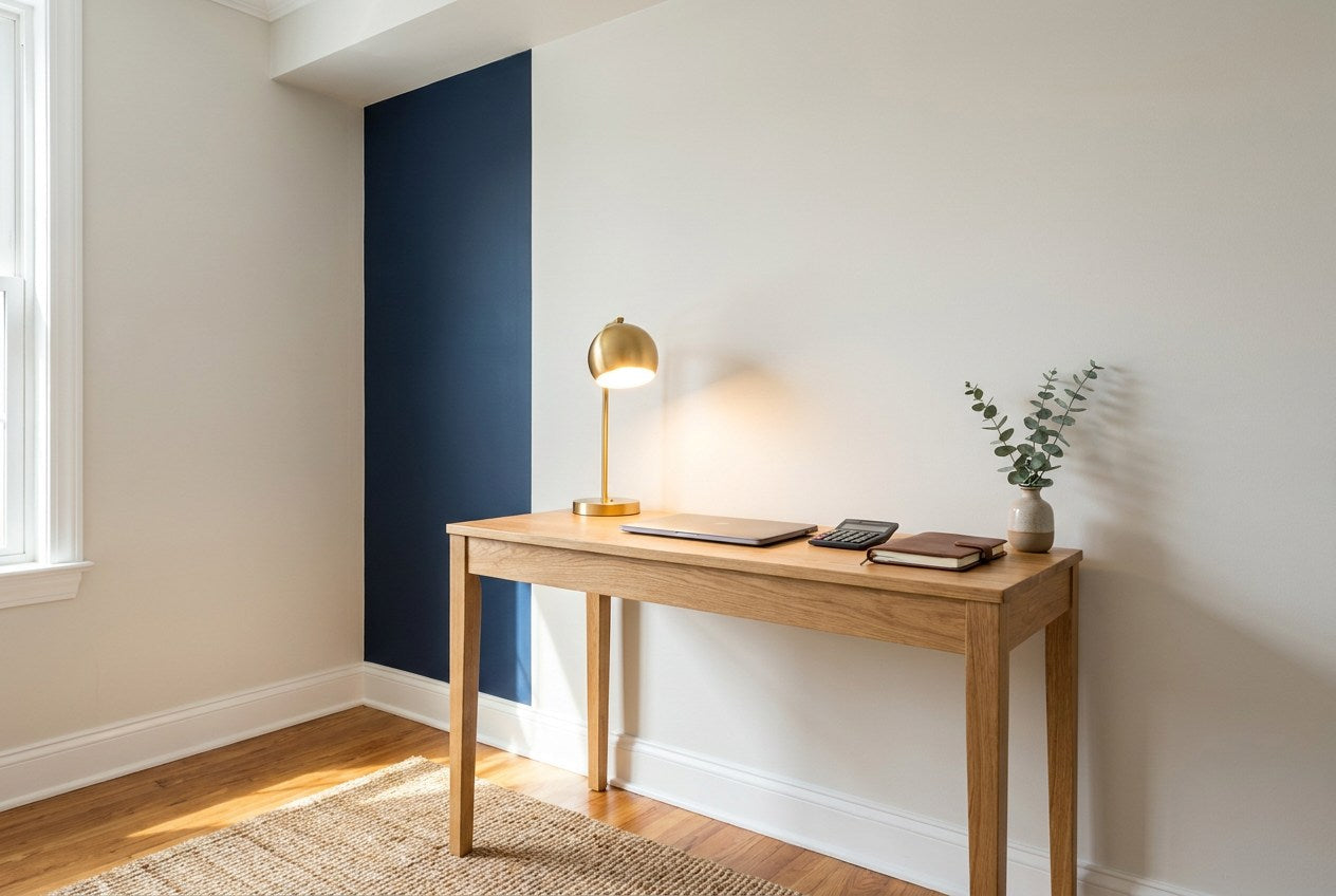 A finished home-office nook with a laptop, calculator and notepad on a styled oak desk, used to plan a US remodel budget before contractor bids