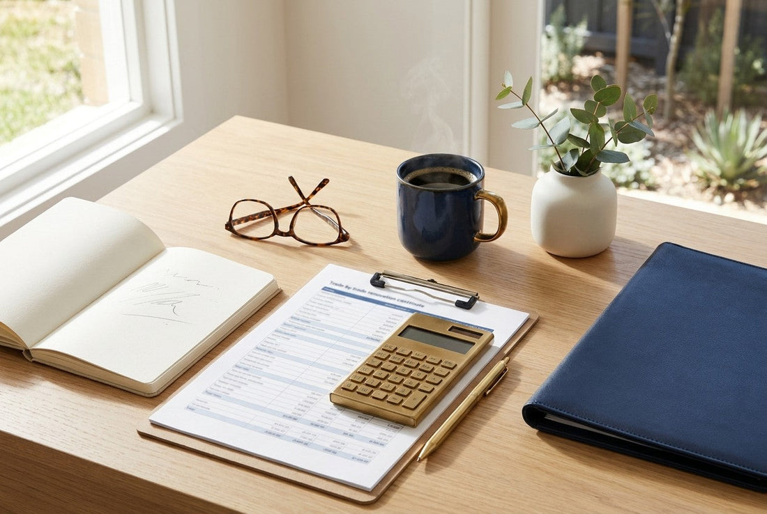 A trade-by-trade renovation cost estimate on a clipboard with a calculator, brass pen, glasses and coffee by a garden window