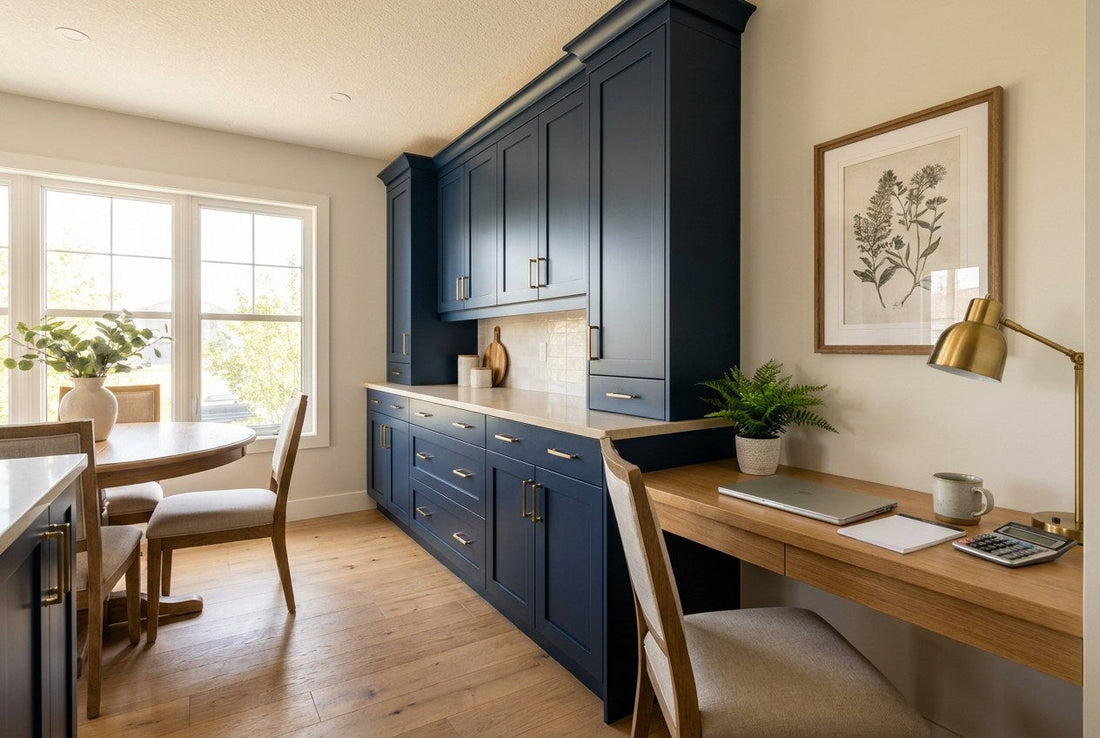 A finished Canadian kitchen with navy shaker cabinetry, brass hardware and a built-in oak planning desk with a notepad, calculator and coffee in warm daylight