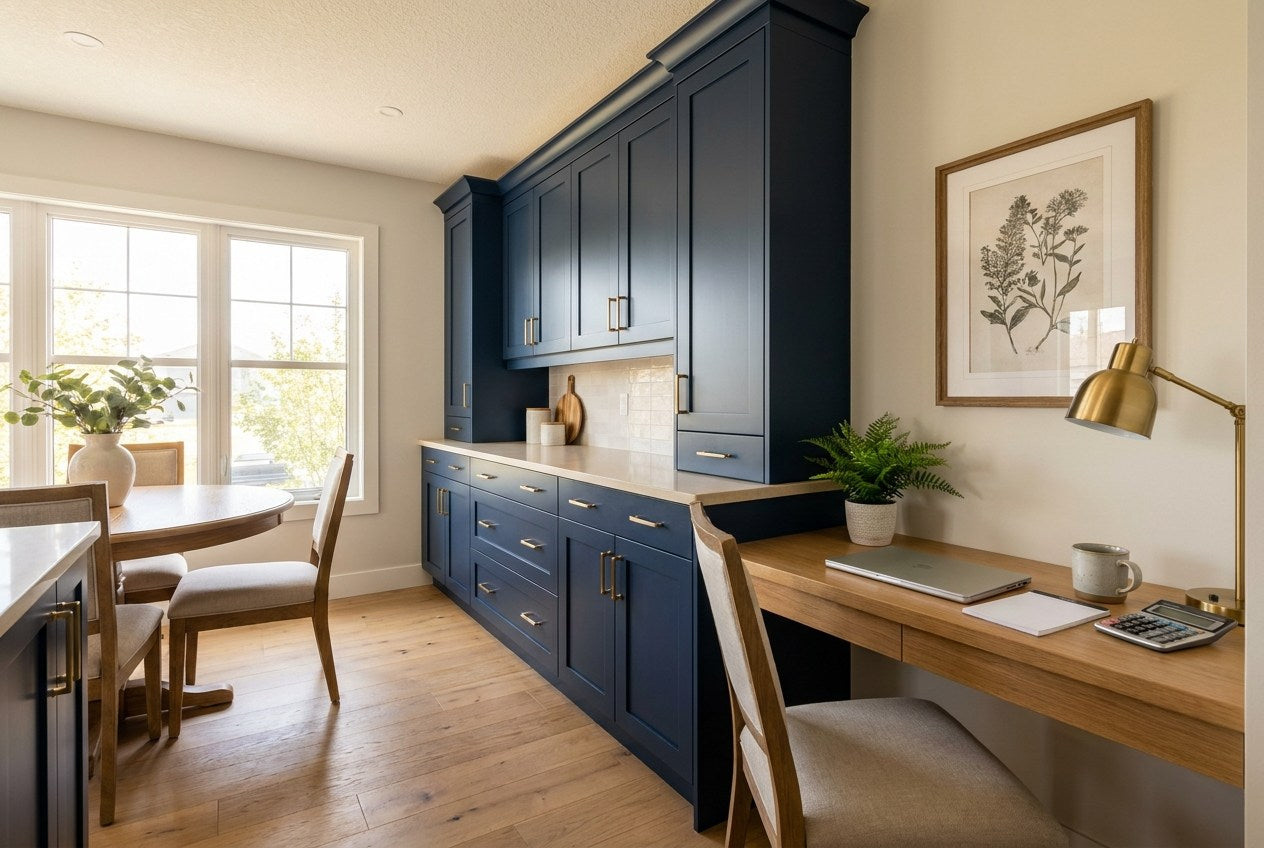A finished Canadian kitchen with navy shaker cabinetry, brass hardware and a built-in oak planning desk with a notepad, calculator and coffee in warm daylight