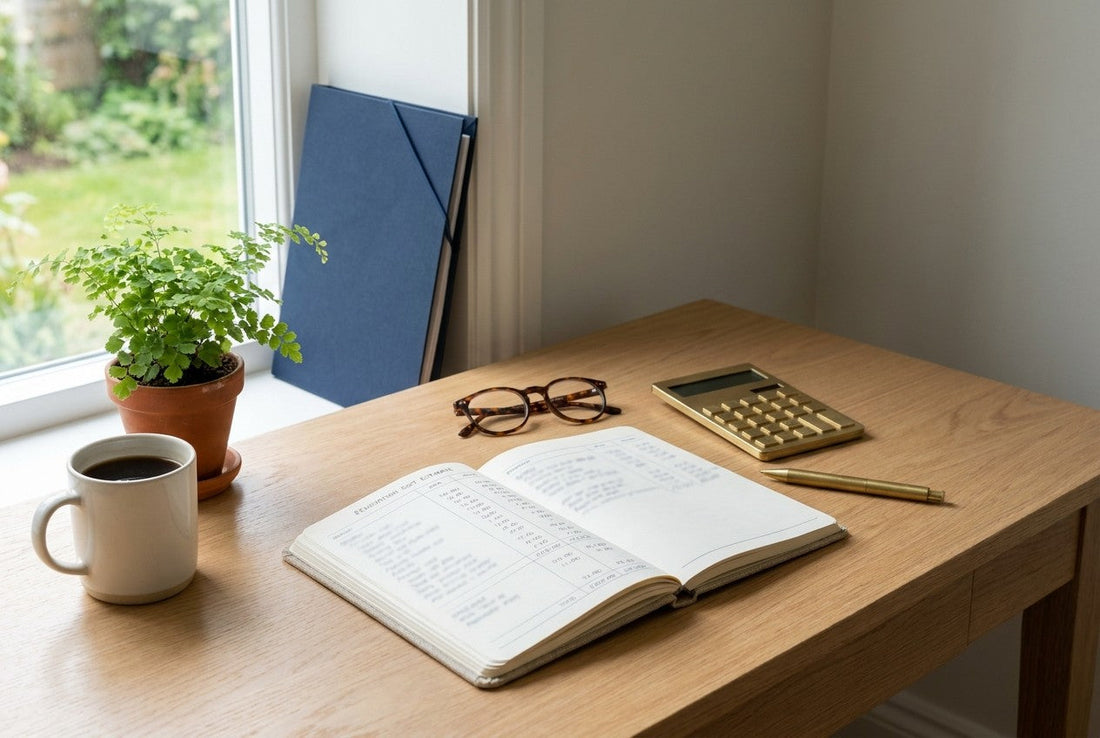 An open renovation cost estimate ledger on a desk with a calculator, brass pen, glasses and coffee by a garden window