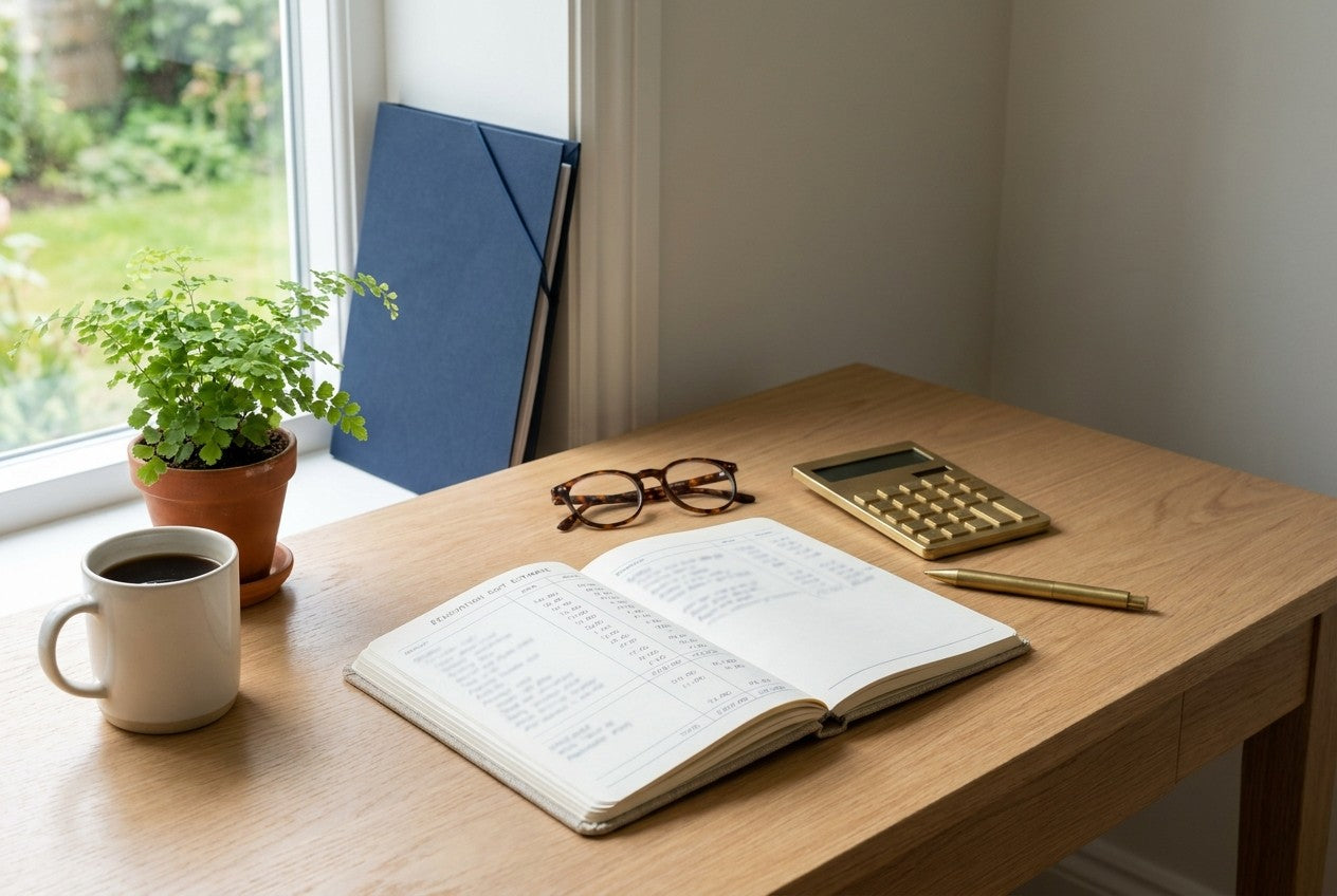 An open renovation cost estimate ledger on a desk with a calculator, brass pen, glasses and coffee by a garden window