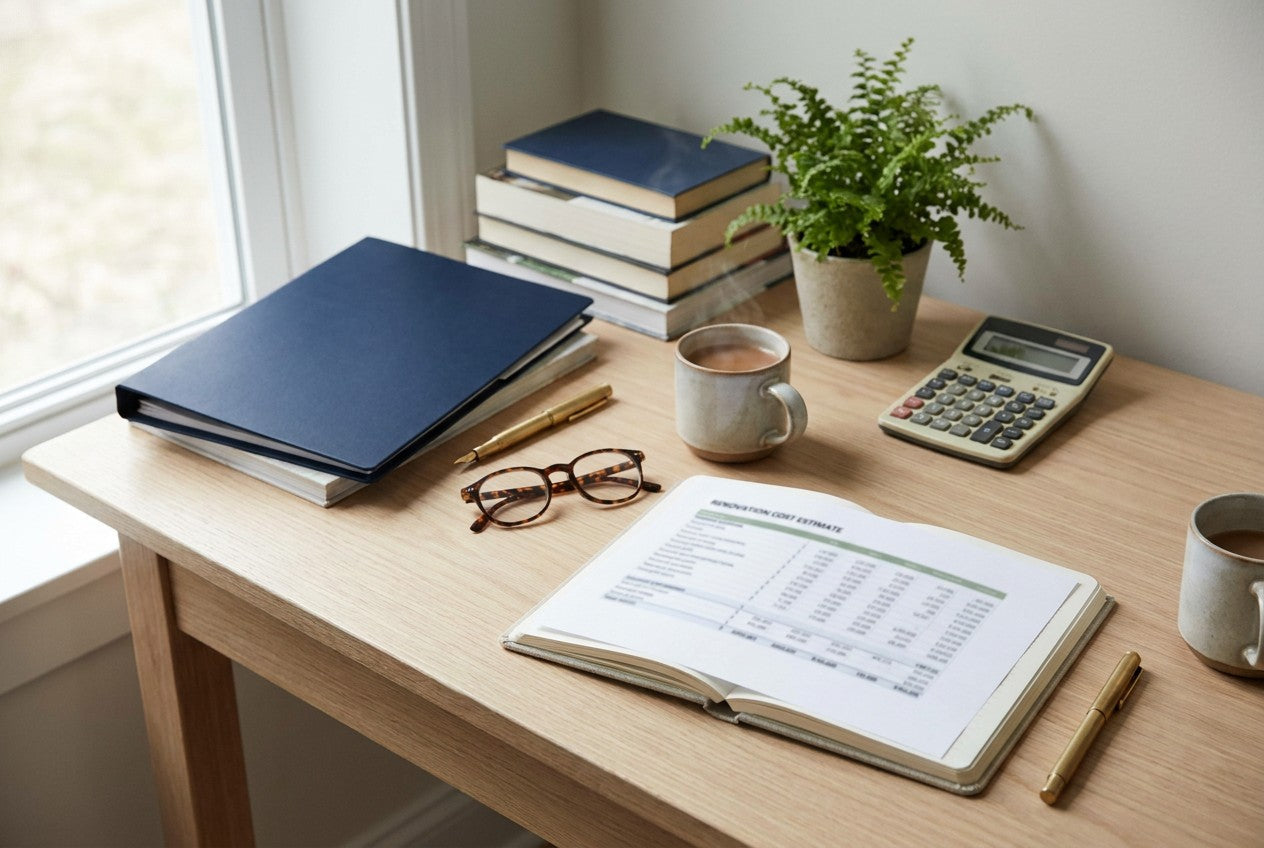 An open renovation cost estimate spreadsheet on a desk with a calculator, brass pen, glasses and tea beside navy folders