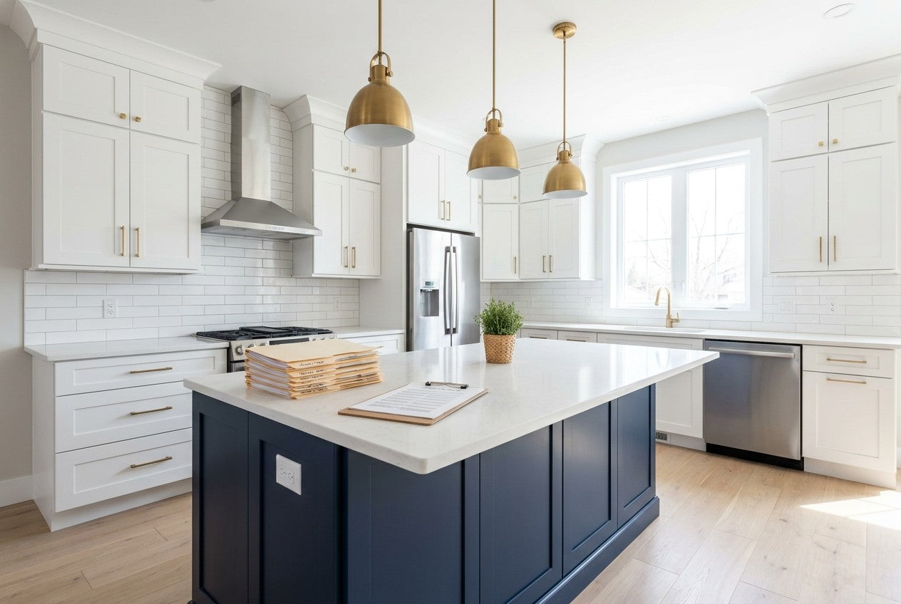 A finished white and navy kitchen with a stack of labelled project folders and a clipboard on the island, homeowner-managed
