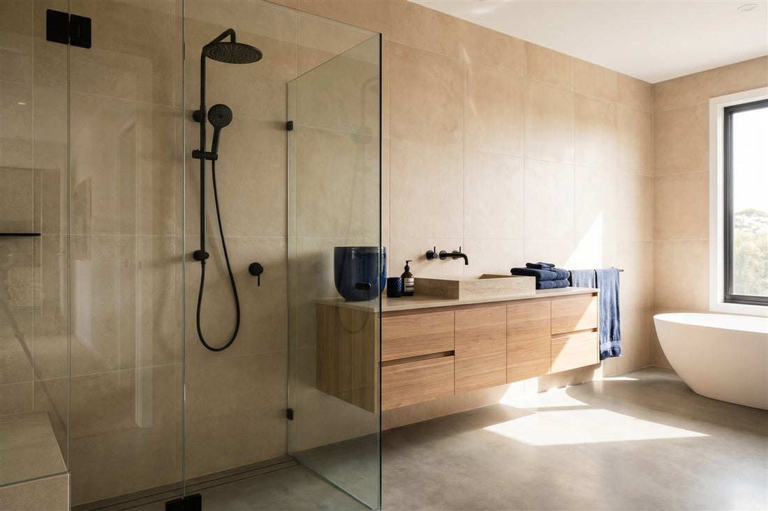 Renovated Australian ensuite bathroom with a frameless walk-in shower and matte black tapware