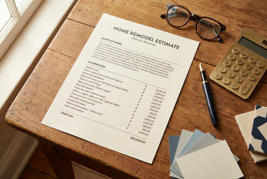 A printed US home remodel contractor estimate with itemized line items beside a calculator, pen and material swatches on a timber desk