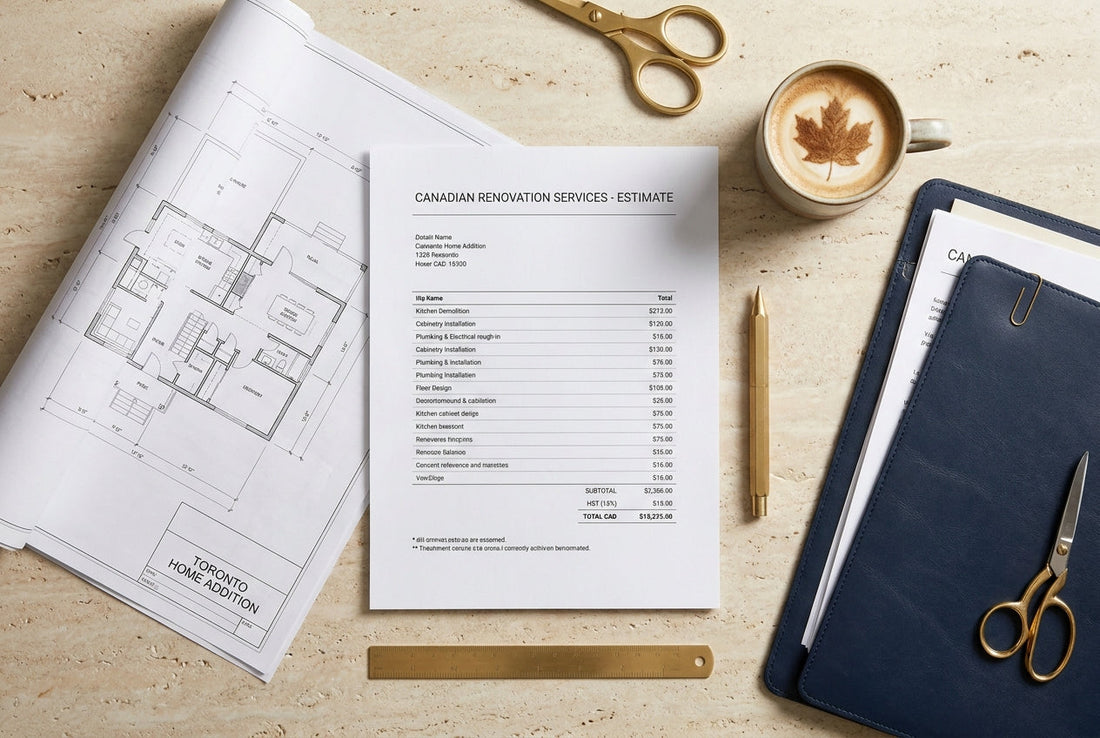 A Canadian renovation planning desk with a printed contractor quote, plans and a coffee