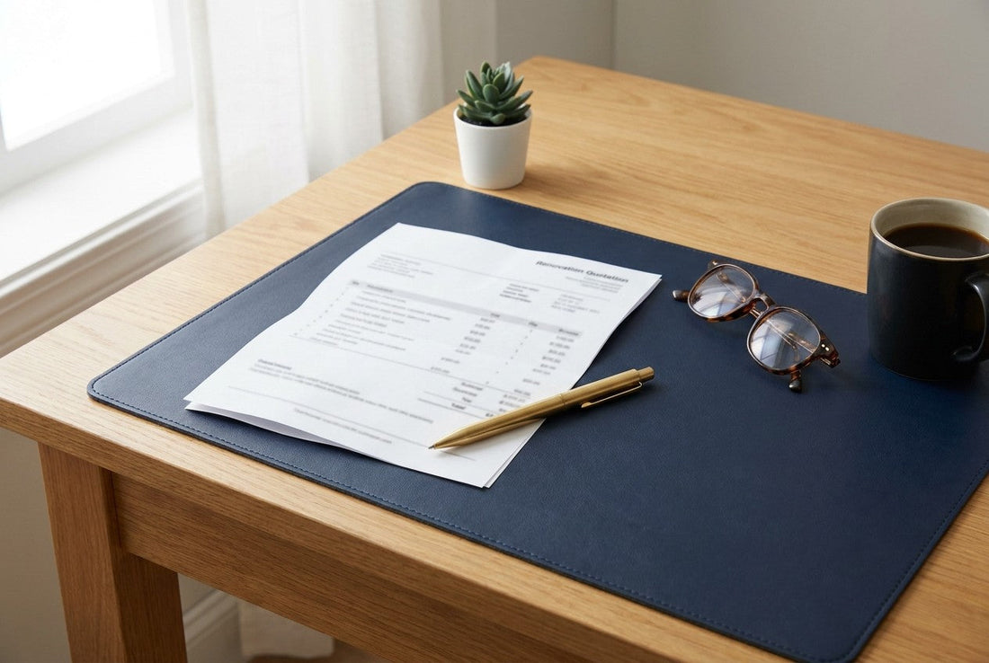A printed renovation quotation on a navy desk pad with a brass pen, reading glasses and coffee, ready to be read line by line