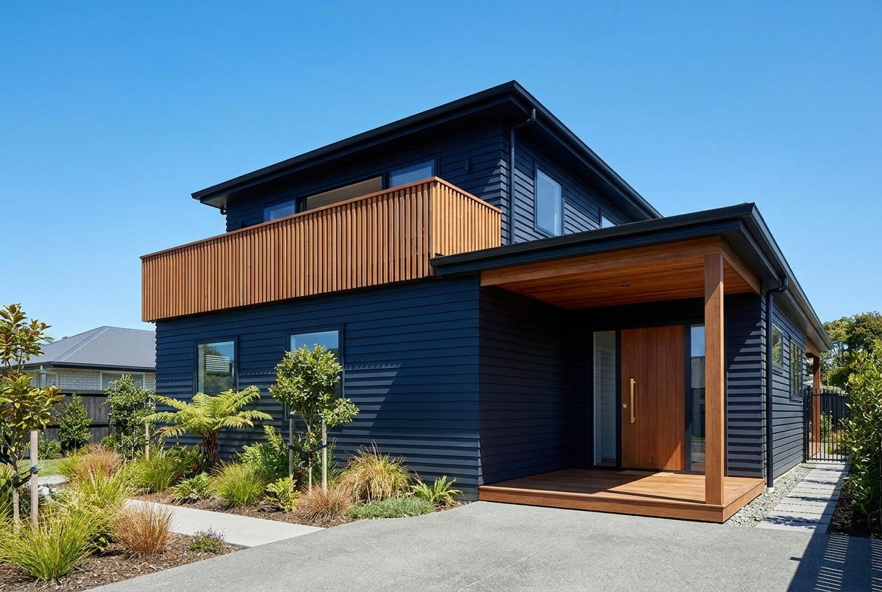 Finished modern New Zealand home exterior with navy weatherboard cladding and timber accents