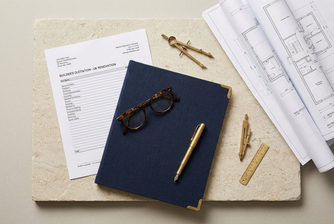 A UK renovation planning desk with a printed builder's quotation, plans and reading glasses